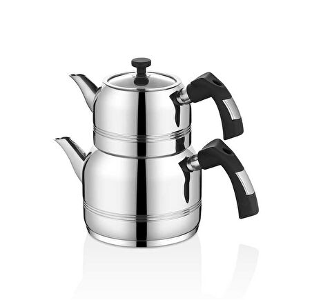 Oms Collection - 8090 - ( XL ) - 4 Parça, İndüksiyonlu Ocak Uyumlu, Çaydanlık Gümüş - Siyah Renk