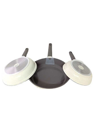 15016 - 3 Parça, İndüksiyonlu Ocak Uyumlu, Döküm, Seramik, ( 20 - 24 - 28 Cm ) Tava Seti Krem Rengi