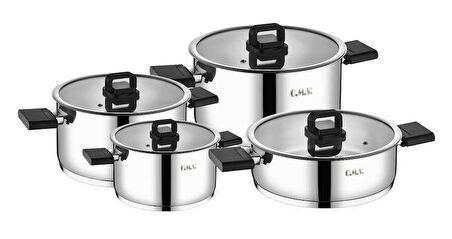 Oms Collection 8 Parça Katlanabilir Saplı İndüksiyon Taban Çelik Tencere Seti ( 1150 - Gümüş )