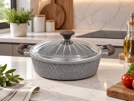Oms Collection - Biogranit Ağır Döküm 26x7,5 Cm - 3,40 Litre Basık Tencere ( 3632 - Gri )