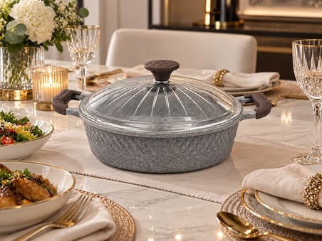 Oms Collection - Biogranit Ağır Döküm 28x8 Cm - 4,30 Litre Basık Tencere ( 3632 - Gri )