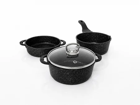 Oms Collection - Trio Mini Biogranit Döküm Tencere Seti ( 3741 - Siyah )