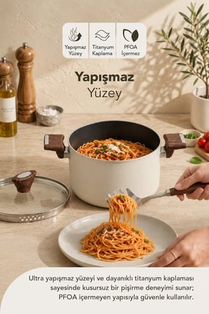 Titanyum Makarna Tenceresi 22 Cm Krem