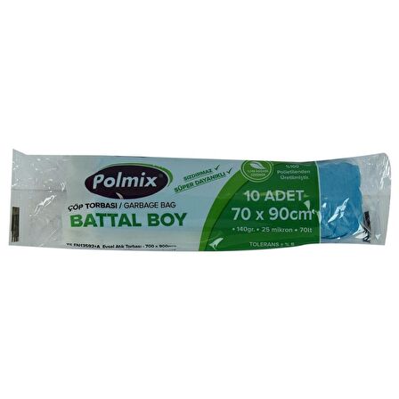 Polmix Çöp Torbası Battal Boy 70x90Cm 140Gr 25Mikr 70L Mavi 10lu