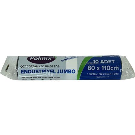 Polmix Jumbo Boy Siyah Çöp Torbası 80x110Cm 500G 62Mik 90Lt 10lu