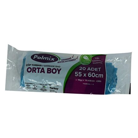 Çöp Torbası Orta Boy 55x60Cm 70Gr 11Mikron 30Lt Mavi Rulo 20 Adet