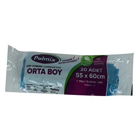 Polmix Çöp Torbası Orta Boy 55x60Cm 70Gr 11Mikron 30Lt Mavi 20li