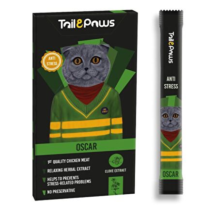 Tail & Paws OSCAR Stress Önleyici Tavuklu Şekersiz Sıvı Kedi Ödül Maması 15gr (5'li)