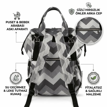 My Collection Desenli Unisex Bebek Bakım Çantası Gri