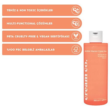 Cream Co. Akne Leke Karşıtı Arındırıcı Aydınlatıcı Gözenek Sıkılaştırıcı Tonik Daily Toner (aha/bha + Vit C) DT