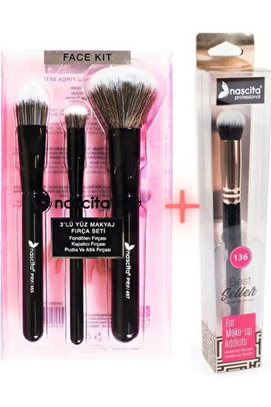 3'lü Siyah Makyaj Fırça seti NASBRUSHSET 101 + Oval Yapılı Kapatıcı Fırçası NASBRUSH 136