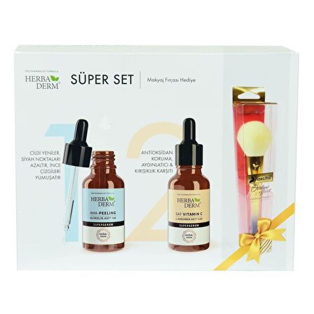 Süper Set Superserum Aha-Peeling 30 ML + Saf Vitamin C 30 ML + Hediye Makyaj Fırçası