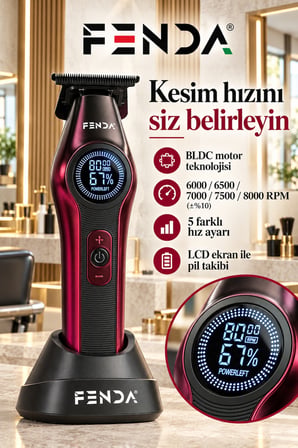 Fenda Profesyonel BLDC Motor 8000 RPM Tıraş Makinesi Kırmızı