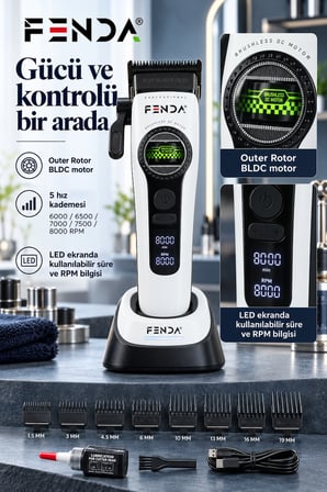 Fenda Profesyonel BLDC Motor 8000 RPM Saç Kesme Makinesi Beyaz