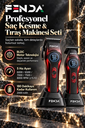 Fenda Profesyonel Şarjlı BLDC Motor 8000 Rpm 2'li Tıraş Makinesi Seti Kırmızı