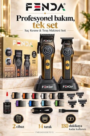 Fenda Profesyonel Şarjlı BLDC Motor 8000 Rpm 2'li Tıraş Makinesi Seti Sarı