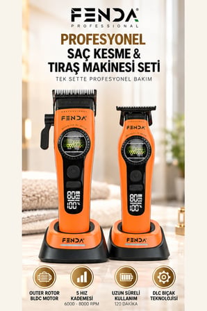 Fenda Profesyonel BLDC Motor 8000 Rpm 2'li Tıraş Makinesi Seti Turuncu