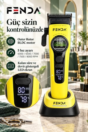 Fenda Profesyonel BLDC Motor 8000 RPM Saç Kesme Makinesi Sarı