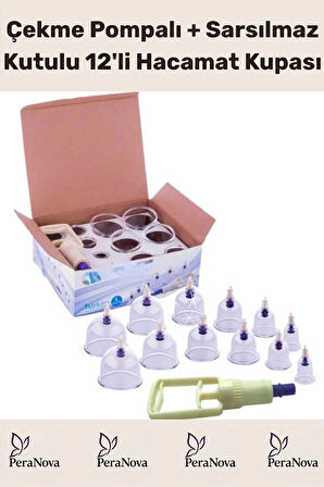 Çekme Vakum Pompalı Sarsılmaz Kutulu Selülit Yağ Çatlak Giderici Masaj Aleti 12'li Hacamat Kupa Seti