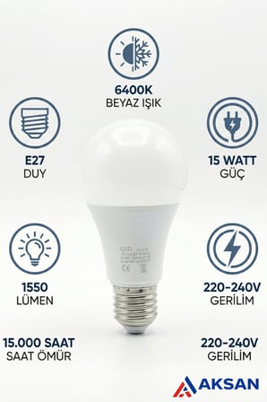 CT-4274 15W E27 LED Ampul 6400K Beyaz Işık – 1550 Lümen, Yüksek Işık Gücü