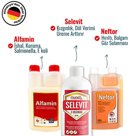 Munich Vet 3'lü Set Selevit Üreme (500 ml) - Neftor Hırıltı (500 ml) - Alfamin İshal (500 ml)