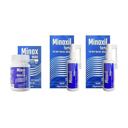 Minoxil Forte %5 Deri Spreyi, Çözelti 60 ml 2 kutu ve Minox Man Hair Formula 60 Kapsül