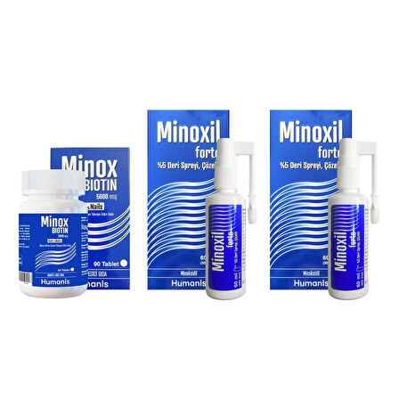 Minoxil Forte %5 Deri Spreyi, Çözelti 60 ml 2 kutu ve Minox Biotin 90 Tablet