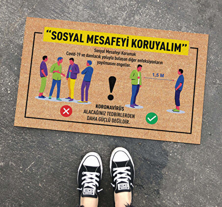 Sosyal Mesafe Uyarı Kapı Önü ve Ev İçi Paspas 45x75 cm