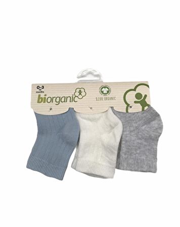 Bibaby Organik Çorap Soket 3lü Basic Desenli Beyaz - Mavi - Gri