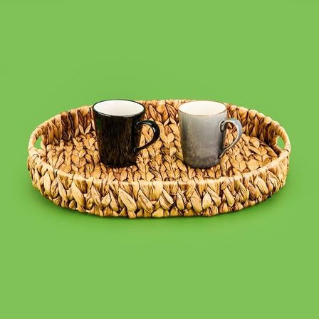 Panalı Büyük Boy Örgü Oval Tepsi Sepet - Kahverengi - 42x33x5,5 cm