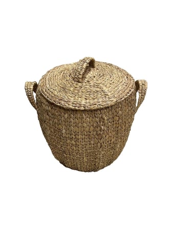 Panalı Kahverengi Kapaklı Doğal Hasır Çamaşır Sepeti Küçük 36x36 cm