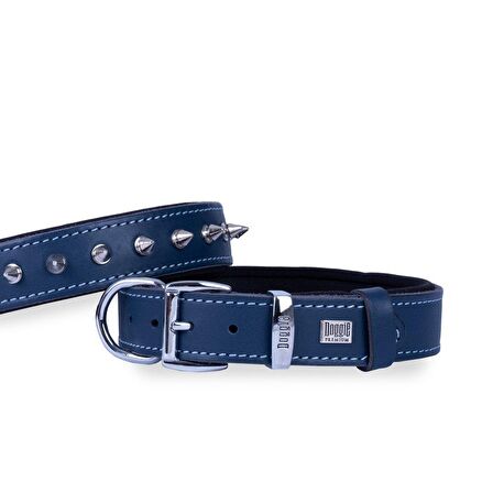 Doggie Konforlu Gerçek Deriden El Yapımı Çivili Köpek Boyun Tasması 2,5x37-45cm Royal Mavi