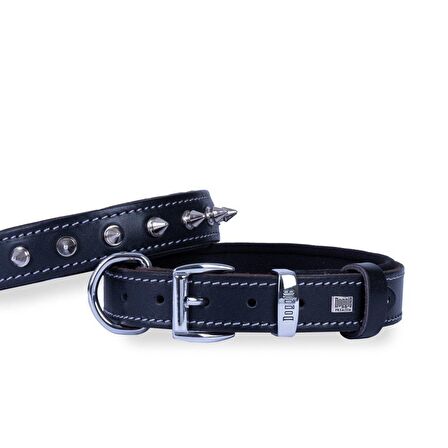 Doggie Konforlu Gerçek Deriden El Yapımı Çivili Köpek Boyun Tasması 3x42-50cm Siyah