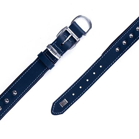 Doggie Konforlu Gerçek Deriden El Yapımı Çivili Köpek Boyun Tasması 3x42-50cm Royal Mavi