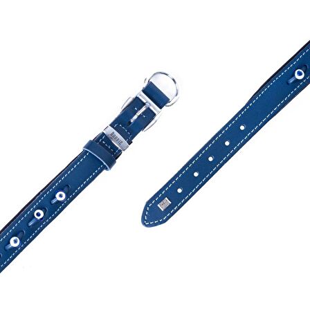 Doggie Konforlu Gerçek Deriden El Yapımı Nazar Boncuklu Köpek Boyun Tasması 2x30-35cm Royal Mavi
