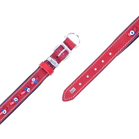 Doggie Konforlu Gerçek Deriden El Yapımı Nazar Boncuklu Köpek Boyun Tasması 2x35-40cm Kırmızı