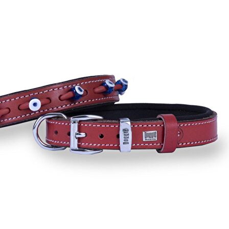 Doggie Konforlu Gerçek Deriden El Yapımı Nazar Boncuklu Köpek Boyun Tasması 2x35-40cm Kırmızı