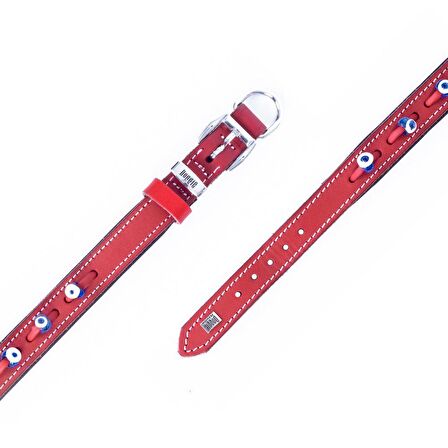 Doggie Konforlu Gerçek Deriden El Yapımı Nazar Boncuklu Köpek Boyun Tasması 2,5x37-45cm Kırmızı