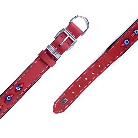 Doggie Konforlu Gerçek Deriden El Yapımı Nazar Boncuklu Köpek Boyun Tasması 3x42-50cm Kırmızı