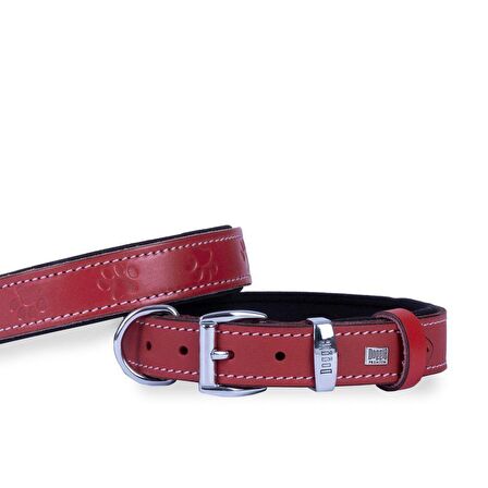 Doggie Köpek Boyun Tasması Konfor Gerçek Deriden El Yapımı Pati Desenli Kırmızı M 3x42-50 Cm