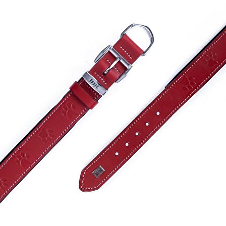 Doggie Köpek Boyun Tasması Konfor Gerçek Deriden El Yapımı Pati Desenli Kırmızı M 3x42-50 Cm