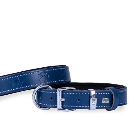 Doggie Köpek Boyun Tasması Konfor Gerçek Deriden El Yapımı Pati Desenli Royal Mavi M 3x42-50 Cm