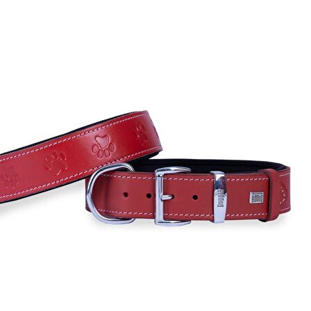 Doggie Köpek Boyun Tasması Konfor Gerçek Deriden El Yapımı Pati Desenli Kırmızı M 4x52-60 Cm