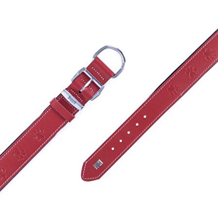 Doggie Köpek Boyun Tasması Konfor Gerçek Deriden El Yapımı Pati Desenli Kırmızı M 4x52-60 Cm