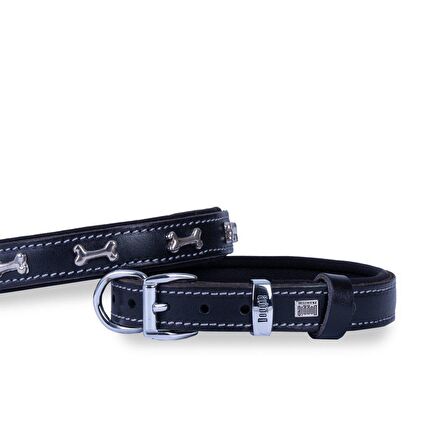 Doggie Konforlu Gerçek Deriden El Yapımı Kemik Süslü Köpek Boyun Tasması 2x30-35cm Siyah
