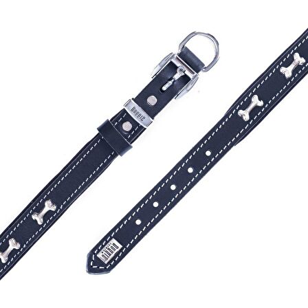 Doggie Konforlu Gerçek Deriden El Yapımı Kemik Süslü Köpek Boyun Tasması 2x30-35cm Siyah