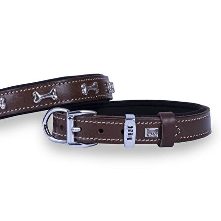 Doggie Konforlu Gerçek Deriden El Yapımı Kemik Süslü Köpek Boyun Tasması 2x30-35cm Kahverengi