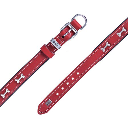 Doggie Konforlu Gerçek Deriden El Yapımı Kemik Süslü Köpek Boyun Tasması 2x30-35cm Kırmızı