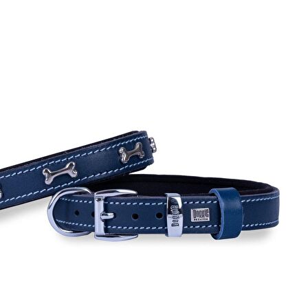 Doggie Konforlu Gerçek Deriden El Yapımı Kemik Süslü Köpek Boyun Tasması 2x30-35cm Royal Mavi