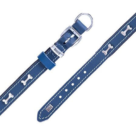 Doggie Konforlu Gerçek Deriden El Yapımı Kemik Süslü Köpek Boyun Tasması 2x30-35cm Royal Mavi